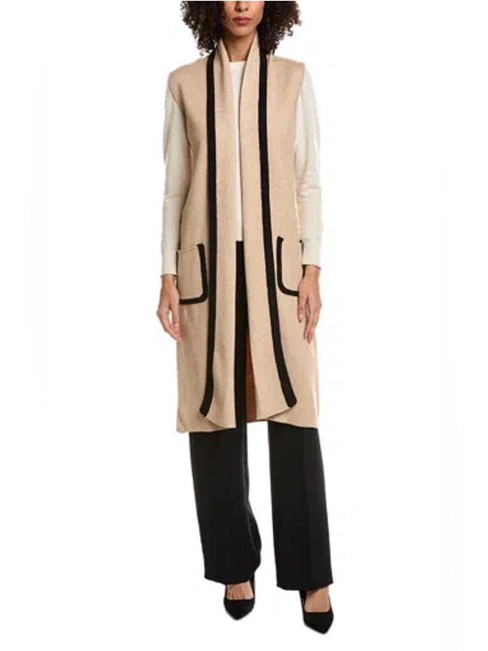 Tahari NWT Long Sweater Vest XL Beige Black Trim Open Front Knit Duster Pockets